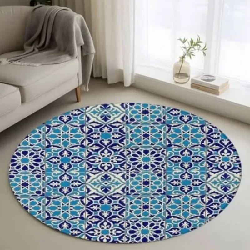 Mandala Round Rug Mosaic Blue White Tile Printed Living Room Sofa Lounge Accent Large Floor Carpet