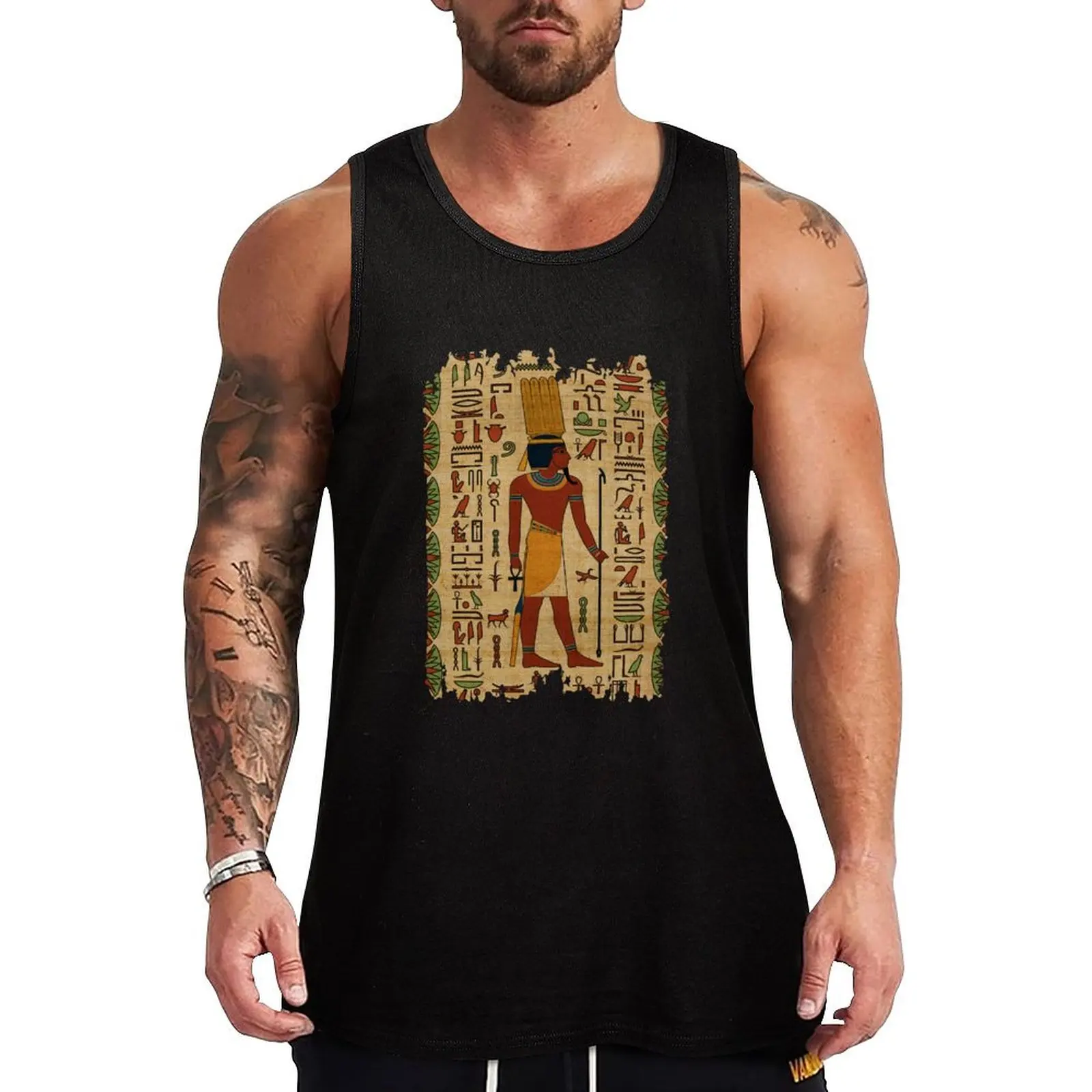 Egyptian Amun Ra - Amun Re Ornament On Papyrus Tank Top Basic Cotton Tank Top N…