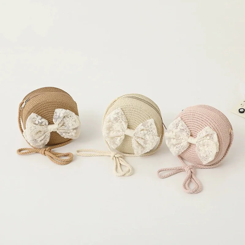 

Children's Fashionable Lace Bow Crossbody Bag Summer Girl's Round Snack Bag Fashionable Woven Mini Bag for Babies and Children