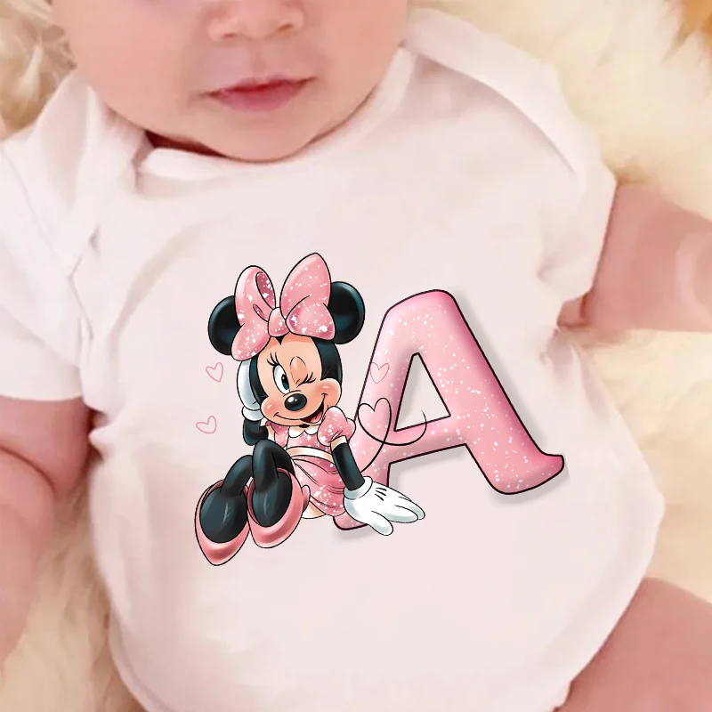 Cute Baby Name Letter Combination Printing Bodysuit Minnie Mouse 26Letter Short Sleeve Cotton Jumpsuit Mickey One-Pieces Clothes