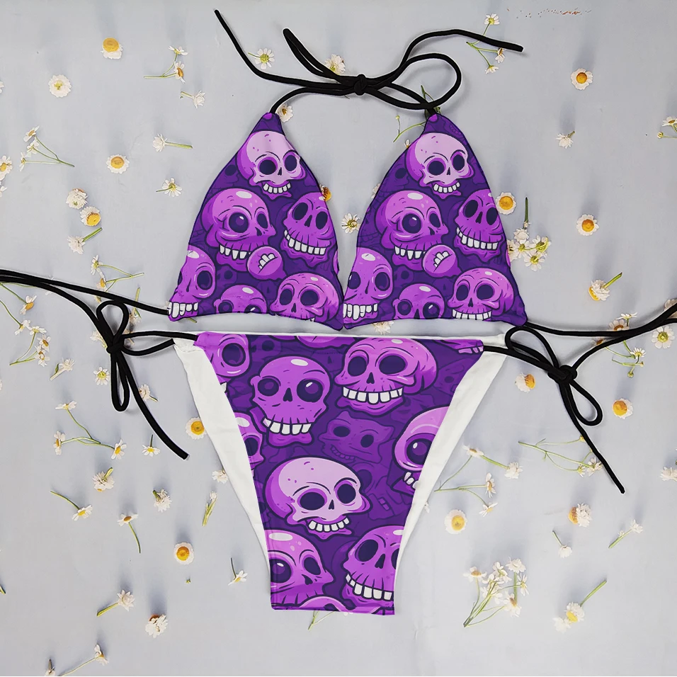 Hot sale skull print bikini set pink blue purple swimsuit two-piece sexy lace-up swimsuit mid-waist chest pad detachable