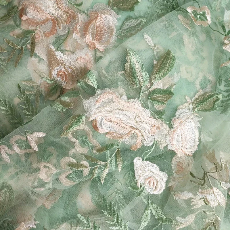 Rose Leaf Embroidered Lace Fabric Encrypted Soft Mesh Embroidered Fabric Color Yellow Green Flower Cloth for Wedding Dress Skirt