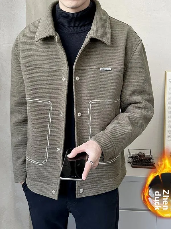 

High-End Men's Woolen Tweed down Jaet Busin Casual Thiened Warm Coat with Collar Youthful Daily Wear Stand Fit