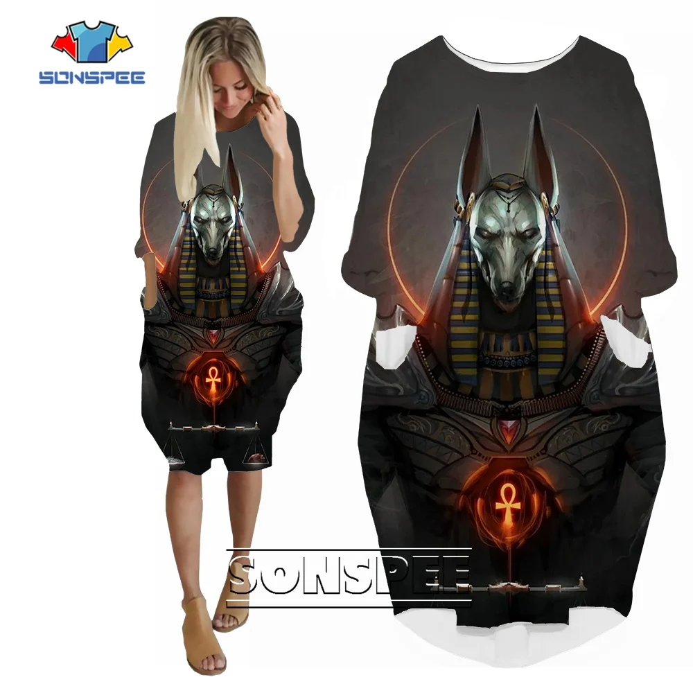 

SONSPEE Anubis 3D Printed Dress Ancient Egyptian Long Sleeve Skirt Women Casual Myth Egypt Pharaoh Trend Street Personality Robe