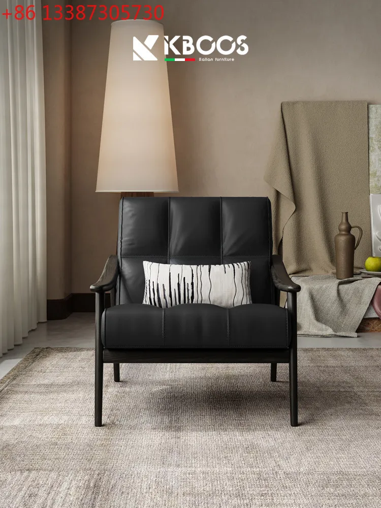 

Italian minimalist all-leather solid wood balcony single leisure chair