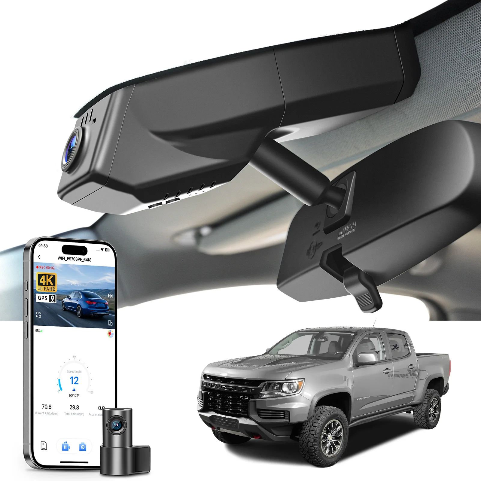 Câmera Veicular Mangoal Dedicada 4K para Chevy Colorado, Câmera de Painel para Carro, Compatível com Modelos WD WT 2015-2026, GPS, WiFi e APP, Gravador Plug and Play