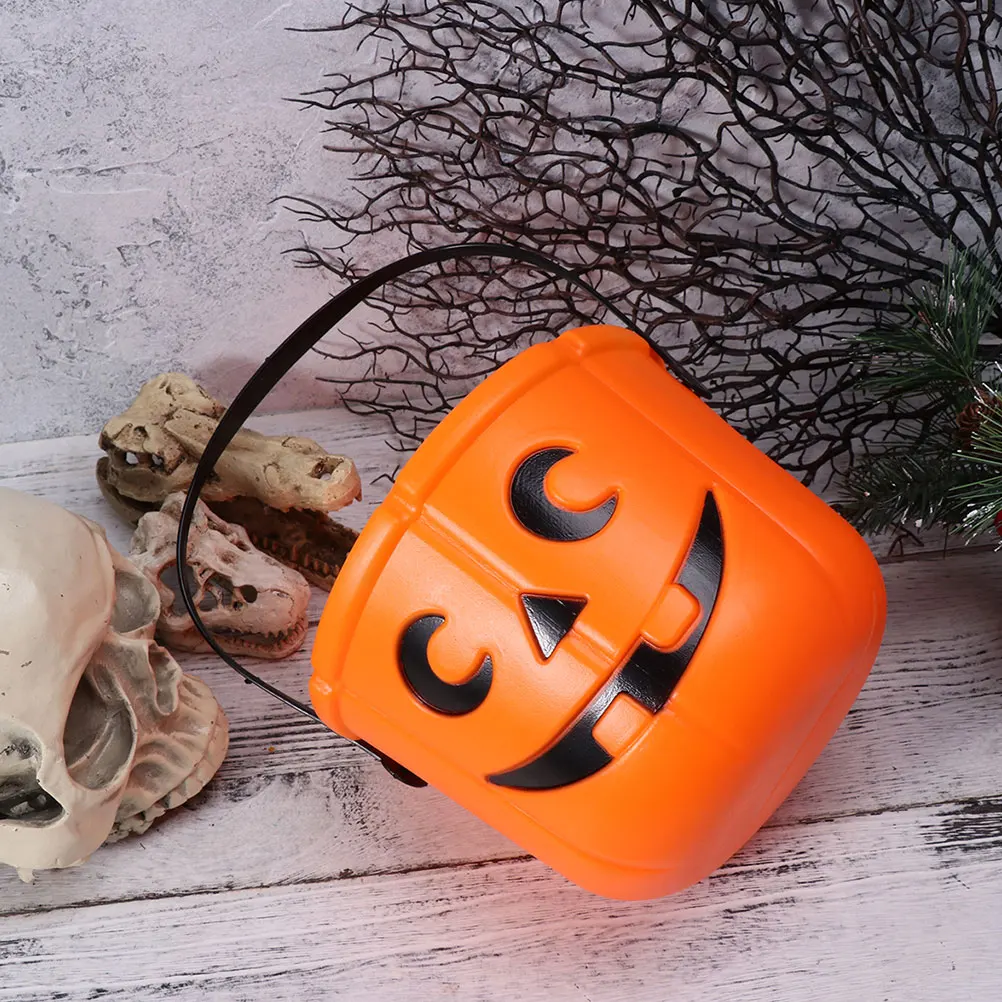 

4Pcs Pumpkin Bucket Halloween Candy Holder with Handles Portable Snack Storage Buckets Bright Orange Party