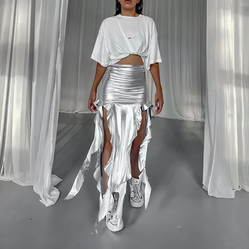 الصيف مثير بولي تنورة تنورة ملابس حريمي الشارع الشهير موضة عادية غير المتماثلة انقسام تنورة ضئيلة حفلة أنيقة عالية الخصر التنانير الإناث