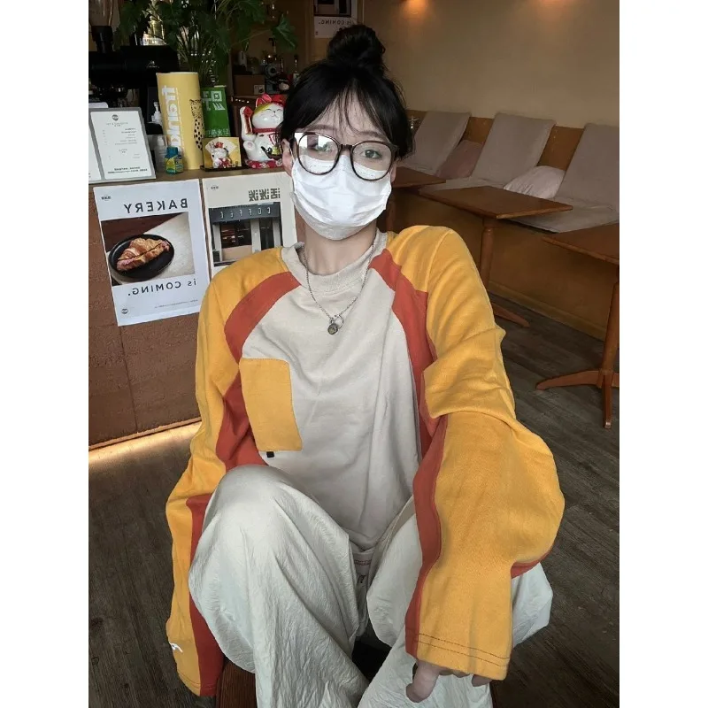 

HOUZHOU Vintage Autumn Sweatshirt Women Oversized Patchwork Korean Fashion Hoodies Streetwear Hippie Aesthetic Pullover Cotton