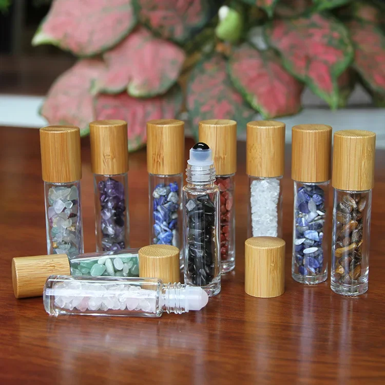 

natural bamboo roller on essential oil Packaging Bottles with gemstone roller ball crystal roll on perfume glass bottleswithcap