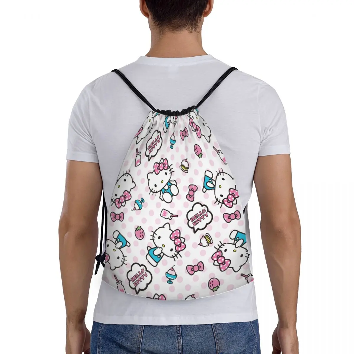 Custom Pink Bow Hello Kitty Cat Drawstring Bag for Training Yoga Backpacks Women Men Kawaii Kitten Sports Gym Sackpack