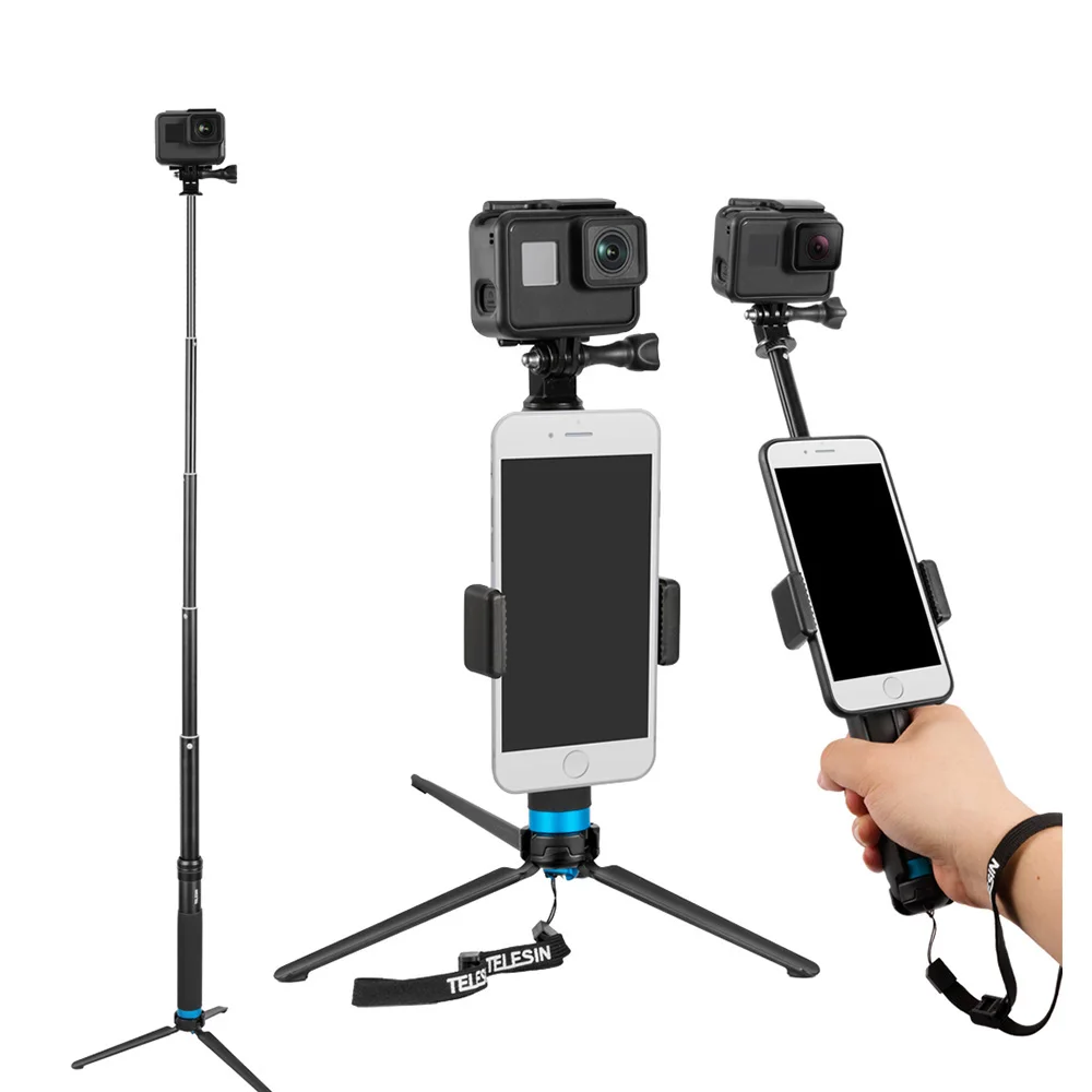 

Extendable Aluminum Alloy Selfie Stick with Tripod and Phone Clip for GoPro Hero 5 6 7 8 9 10 Insta360 Osmo Action SJCAM