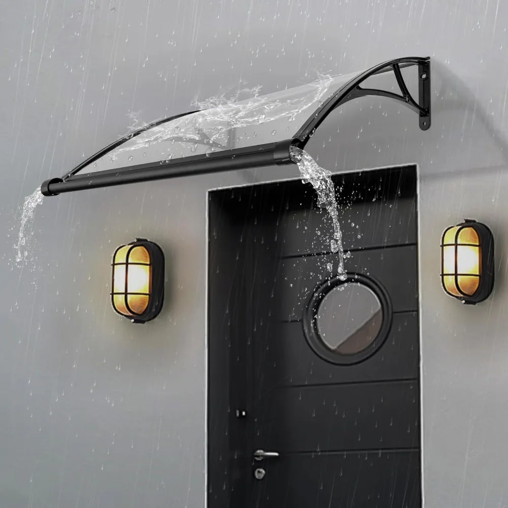 

40.15 * 30.1 * 9.25in Window Door Awning Canopy with Black Bracket and Clear PC Board Wall-Mounted Door Awnings Exterior Front D