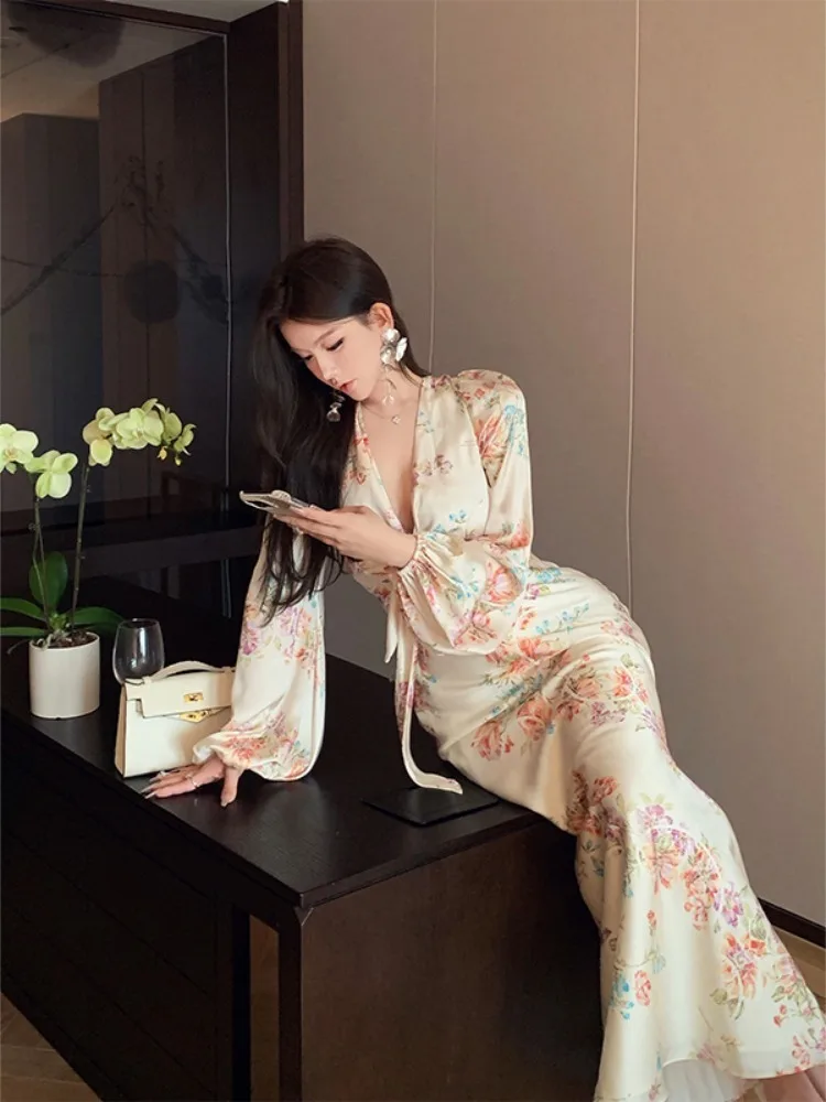 Spring Summer Floral Satin Long Sleeve V-Neck Dress Women Luxury Elegant Ruffled Mermaid Dress 2024 Korean Bodycon Evening Dress
