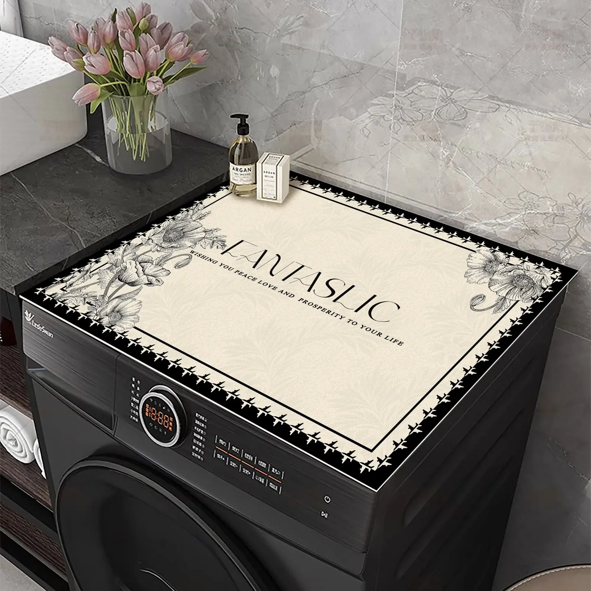 VIKAMA Golden Rose Embroidery Washing Machine Top Mat Black Solid Pearl Border Waterproof Anti Dust Dryer Cabinet Pad