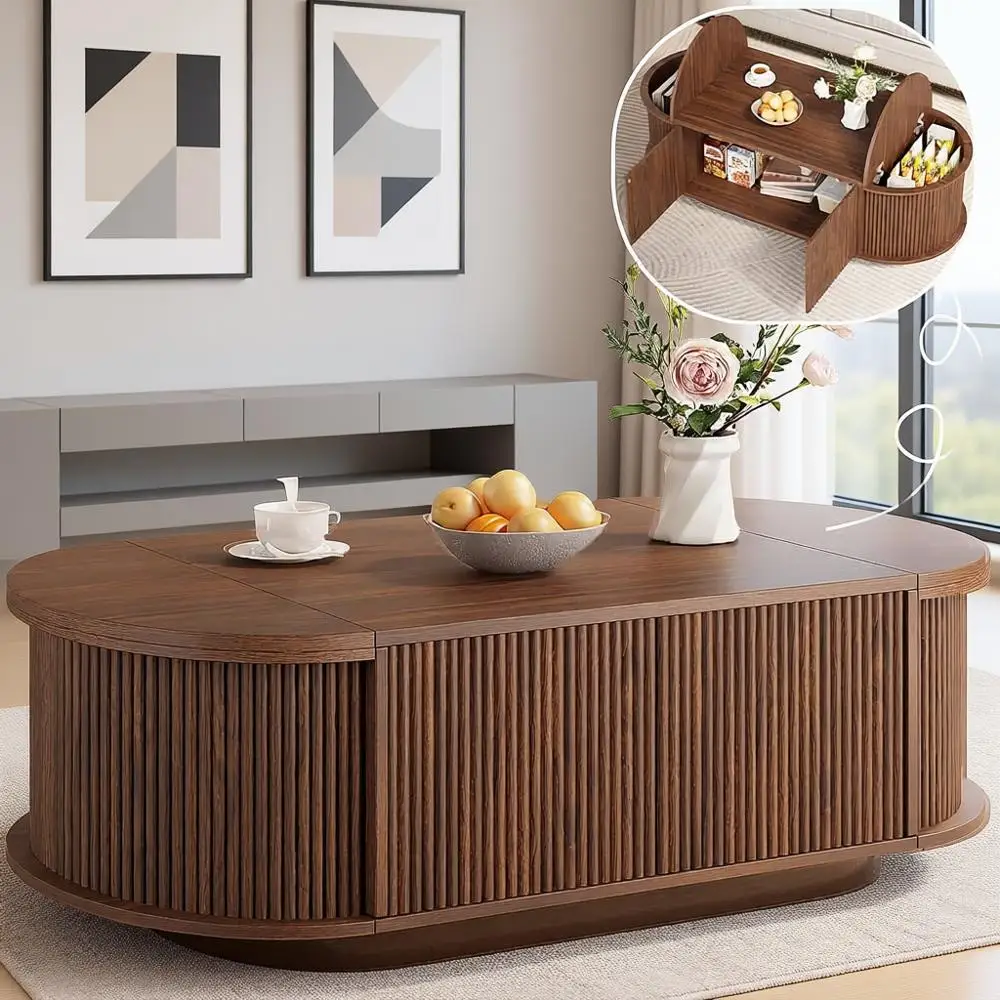 

Modern 47 Walnut Oval Coffee Table with Storage and Flip-Top Lids for Living Room & Office