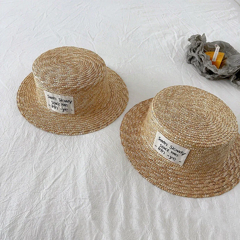 Summer Kids Straw Hat With Label Korea Style Wheat Straw Top Hat Boys Girls Sun Visor Hat Sunscreen Holiday Child Beach Hat