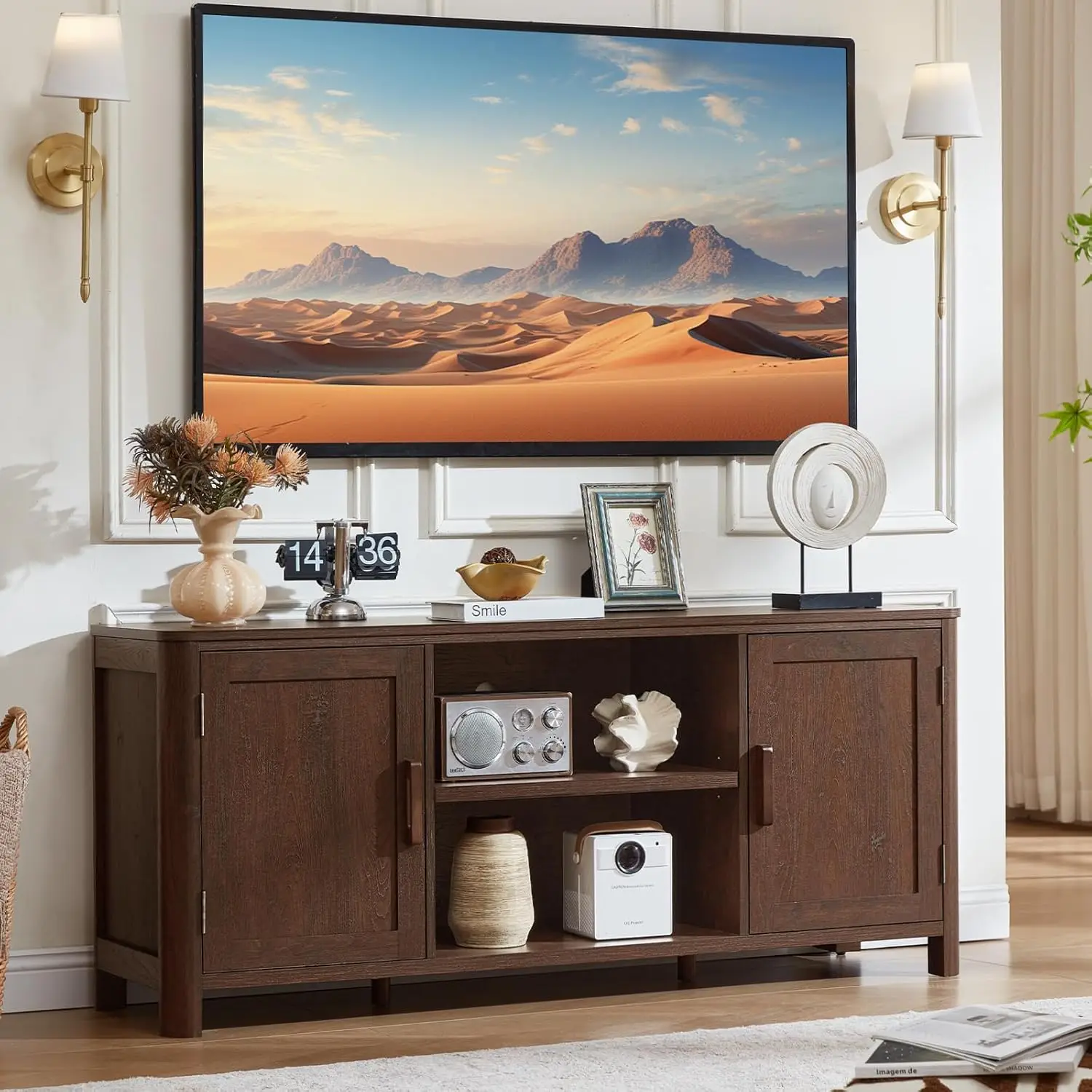 Walnut TV Stand Entertainment Center Adjustable Shelves 2 Door Storage Rustic Veneer Console 65 inch Living Room, Customized