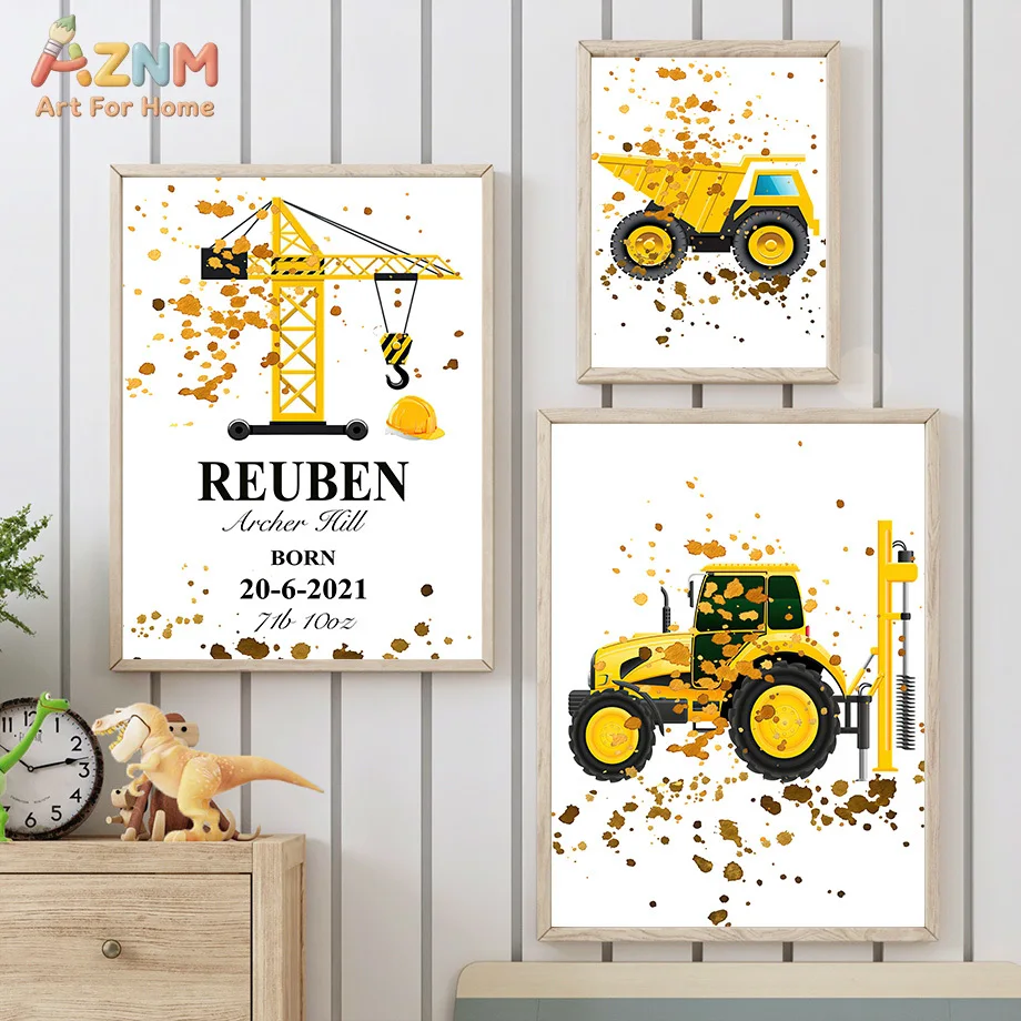 AZNM Custom Construction Vehicle Wall Art Canvas Print Unframed Yellow Crane Dump Truck Tractor Nursery Poster For Boys Room Kid
