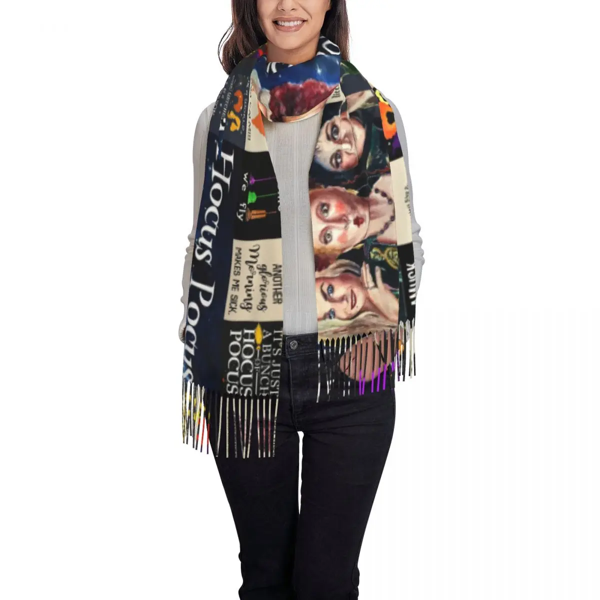 Custom Halloween Hocus Pocus Witch Bat Collage Tassel Scarf Women Soft Shawl Wrap Lady Winter Scarves