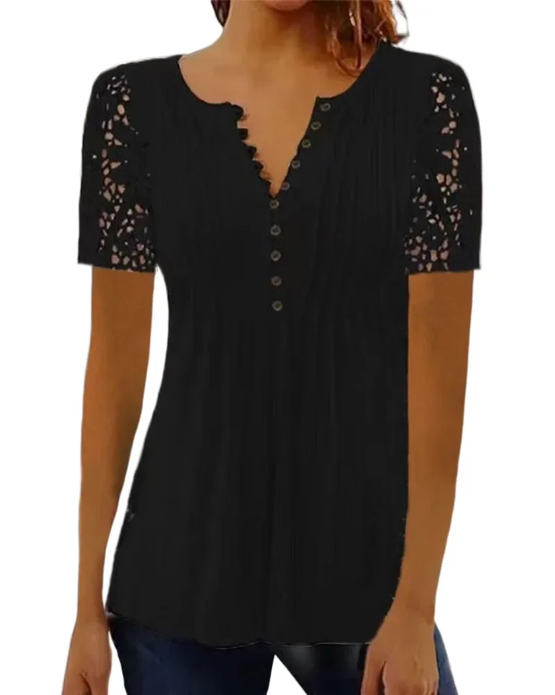 Verão primavera nova feminina solta e confortável casual renda com decote em v blusa impressa floral manga curta elegante moda camisa