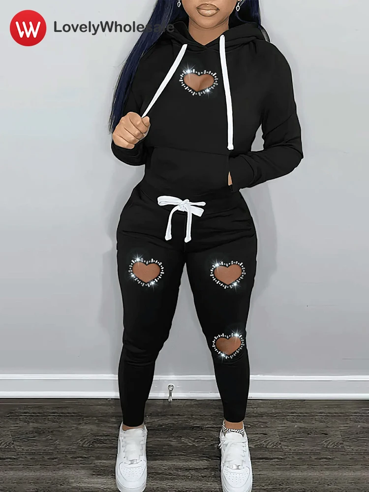 

LW Tracksuit Set Women 2024 Autumn Winter Kangaroo Pocket Hoodies Lady Sexy Rhinestone Pierced Pants Sets Women 2 Piece Outfits