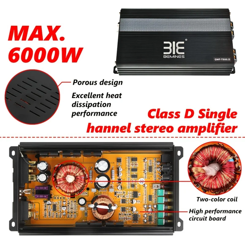 Max.6000WHigh-power car amplifier，DMono-like，High-performance circuit board，Equipped with an efficient radiator，Give one to your