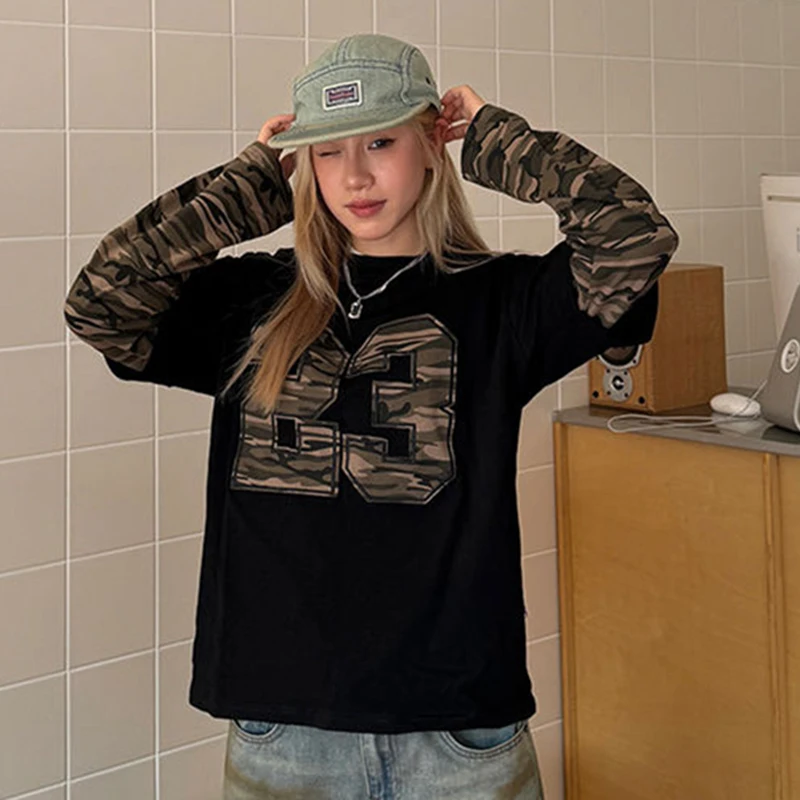 アメリカンヴィンテージ迷彩プリントTシャツ レディース パッチワーク Oネック 長袖 ストリートTシャツ 原宿 Y2K ルーズ カジュアルトップ