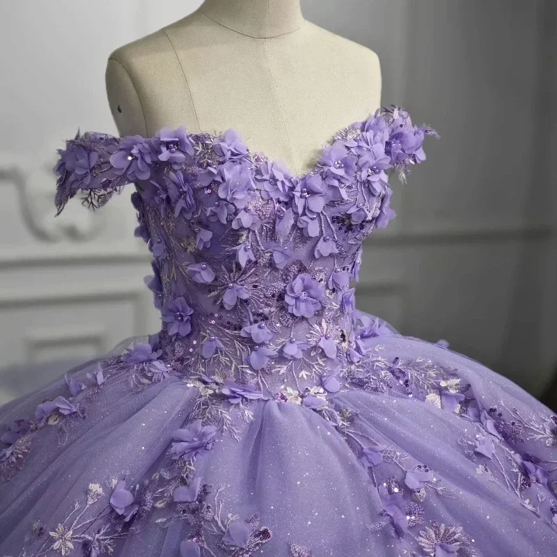 ANGELSBRIDEP-Vestidos Quinceanera com Flores 3D, Vestido de Baile Renda, Doce 16 e 15 Anos Doce e Vestido de Aniversário, Lavanda Lilás