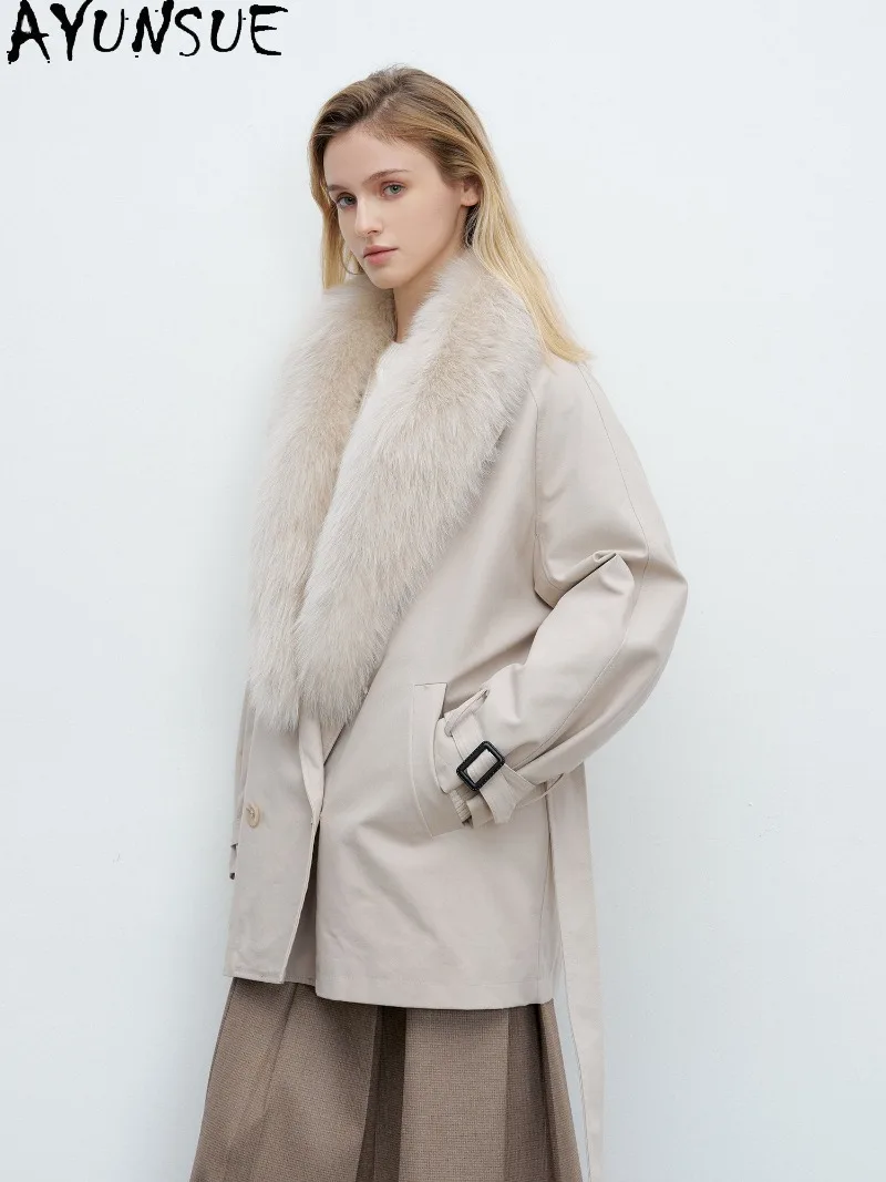 AYUNSUE 90% White Goose Down Coat Genuine Fox Fur Collar Womens Clothes Mid-length Loose Fit Jacket Warm Winter Clothing Пуховик