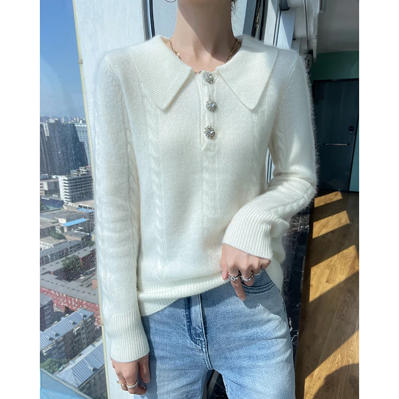 2023 New 100%Wool Winter Thickening POLO Collar Tops Pullovers Casual Womens Long Sleeve Keep Warm Knitting Ladies Sweater