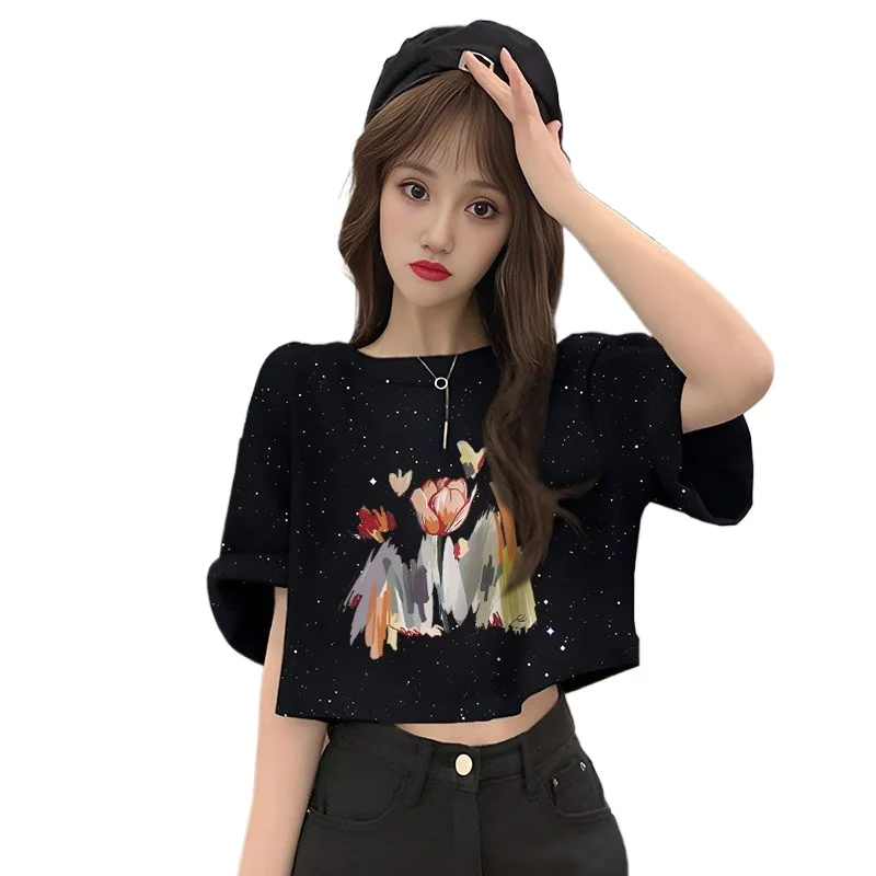 2026 Summer New Small Short-sleeved T-shirt Women's Sequins High-end Design Ins Versatile Letter Print Top Age-reducing Loose