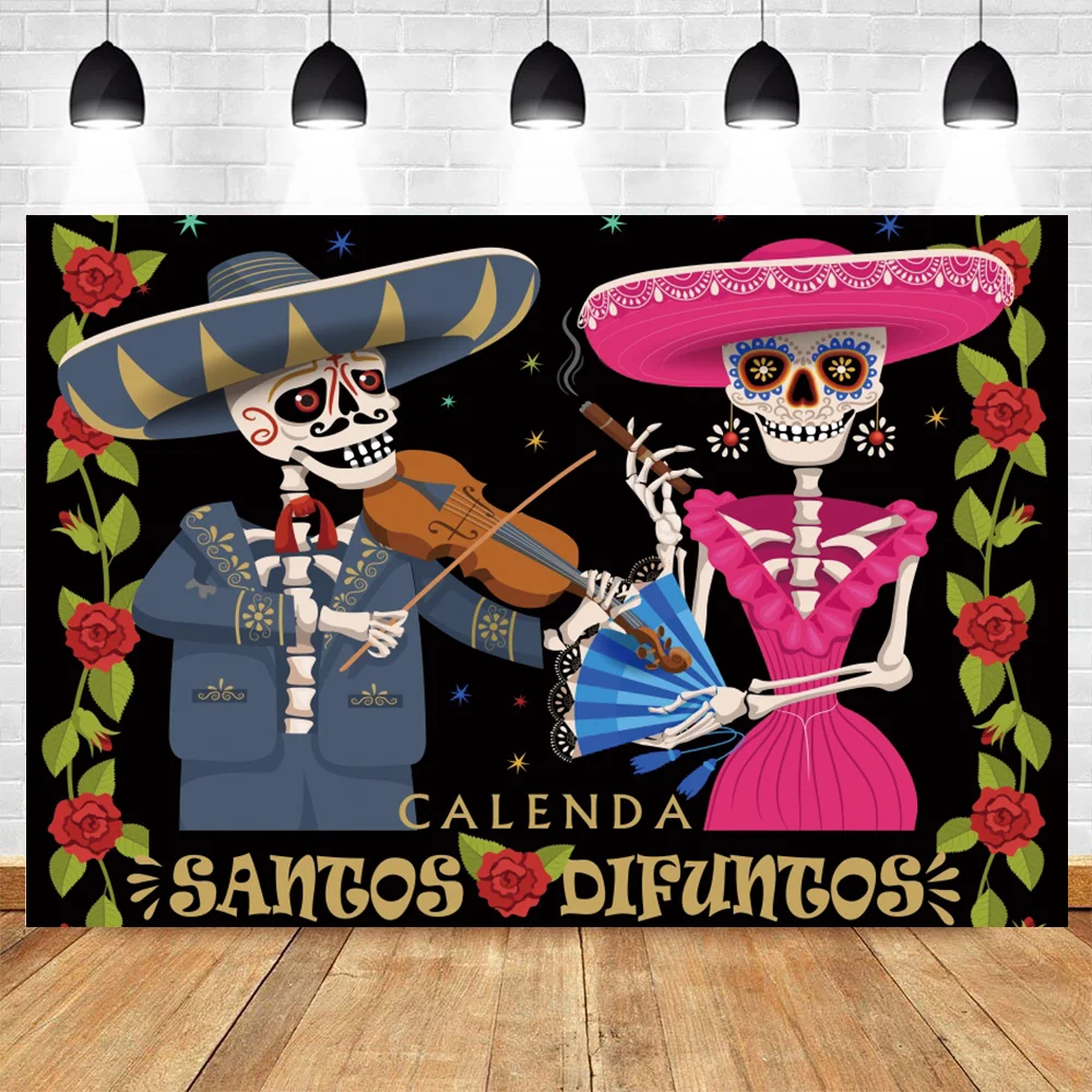 Mexico Day Of The Dead Backdrop for Mexican Fiesta Sugar Skull Dress-up Party Supplies Photographic Background Photo Booth Shoot