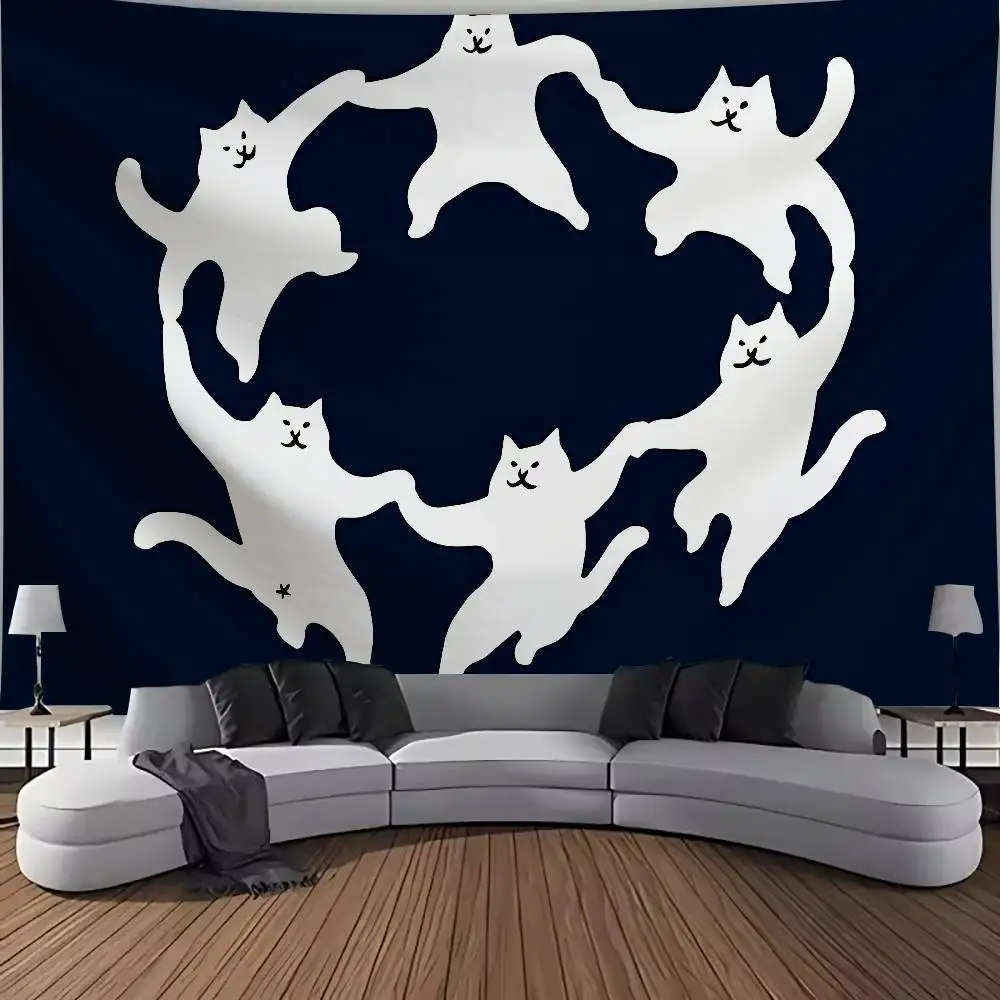 Funny Dancing White Cats Circle Tapestry Dark Navy Background Wall Hanging Minimalist Cartoon Cat Art Bedroom Wall Home Decor