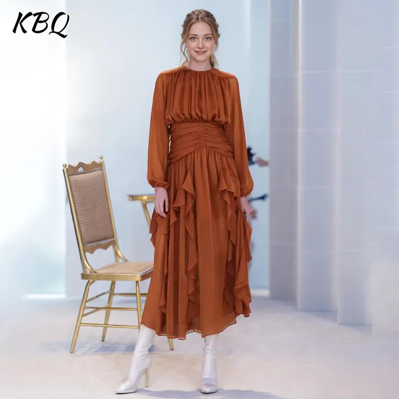 

KBQ Tunic A Line Dresses For Women Round Neck Long Sleeve High Waist Tunic Minimalist Dress Female Fashion Clothing Style New