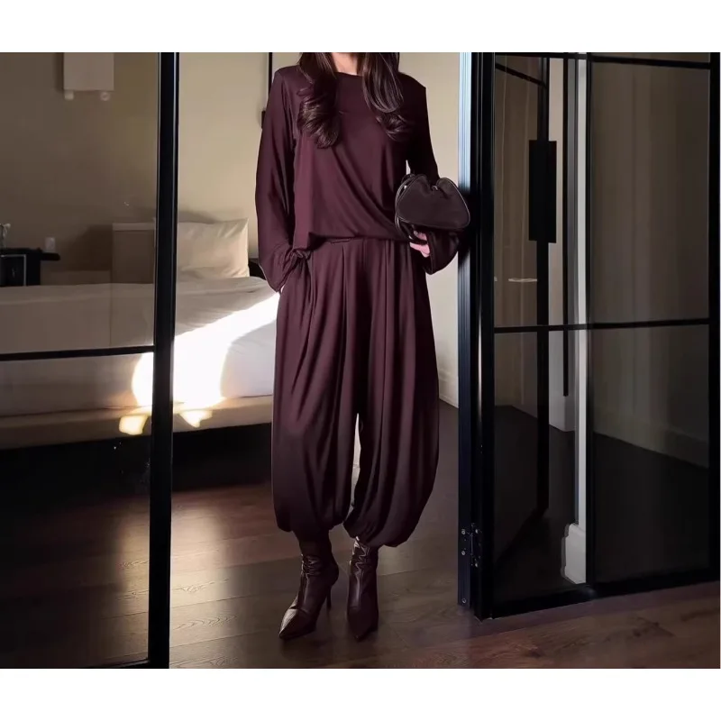 

2026 Spring and Summer Solid Color Round Neck Loose Long-sleeved Top Wide-leg Pants Women's Suit