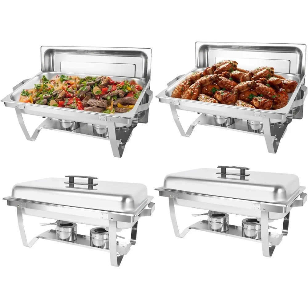 4 Pack Chafing Dish Buffet Set, 8QT Stainless Steel Rectangular Chafers and Buffet Warmer Sets for Catering, with Food & Water P