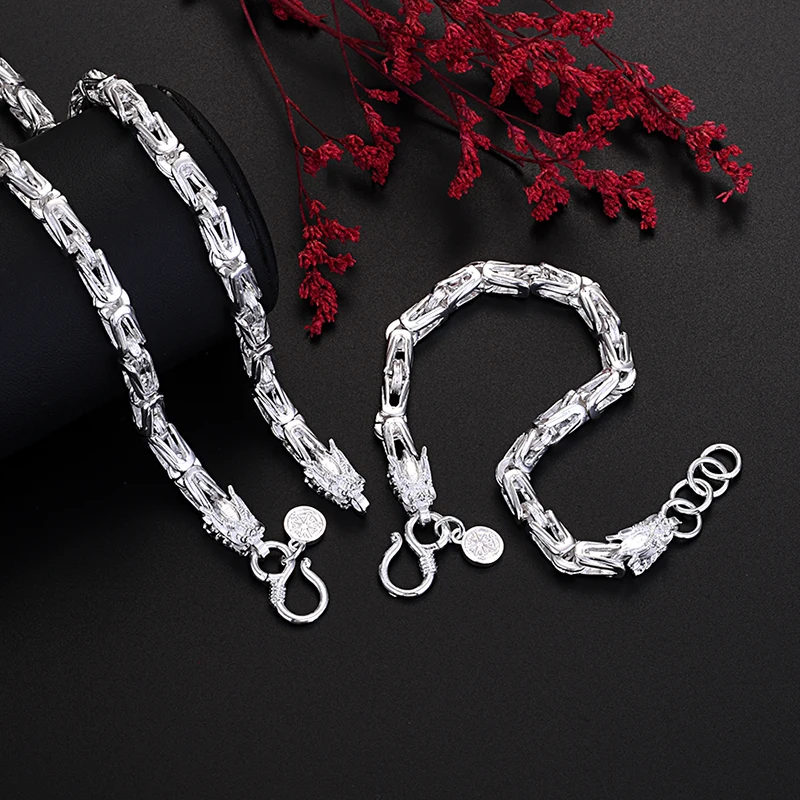 

925 sterling silver thick chain punk men's and women's hip-hop plaid chain double dragon head bracelet necklace party set gift