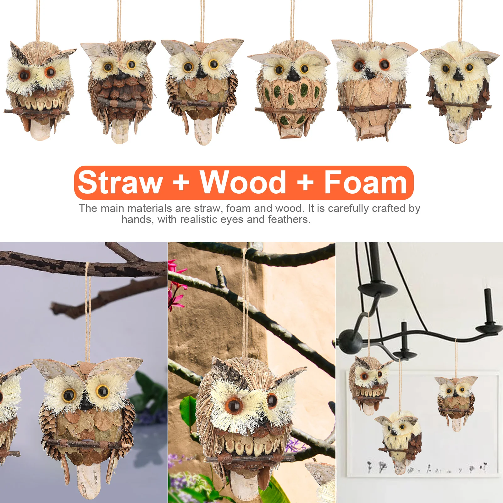 

6pcs Straw Furry Owl Hanging Ornaments Forest Pendant Creative Scene Decoration Hemp Rope Home Hanging Art Natural Cute Owl