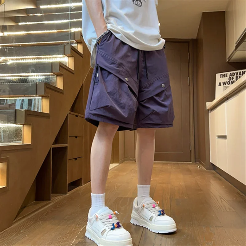 ドローストリング付き無地メンズショートパンツ、ルーズなゴムウエスト、メンズカーゴショーツ、マルチポケット、バギー、ワイド、美しいダメージ加工、Y2K