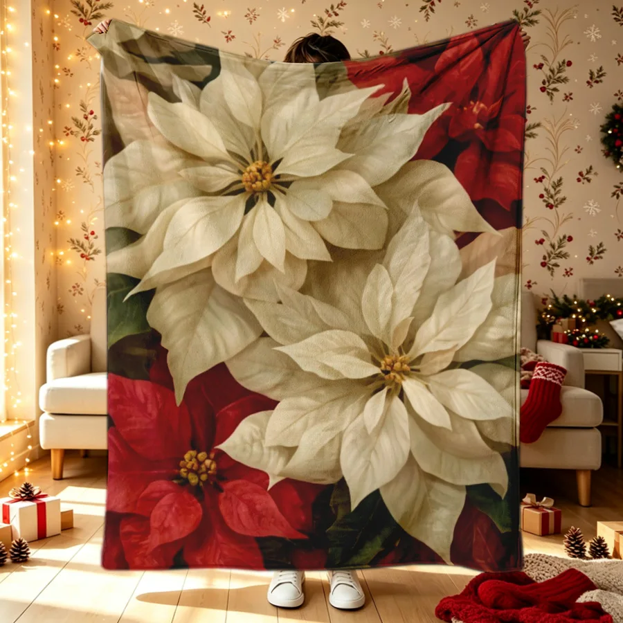 Christmas flower print bright red and white poinsettia flannel throw blanket, 2D single-sided printed holiday decorative blanket