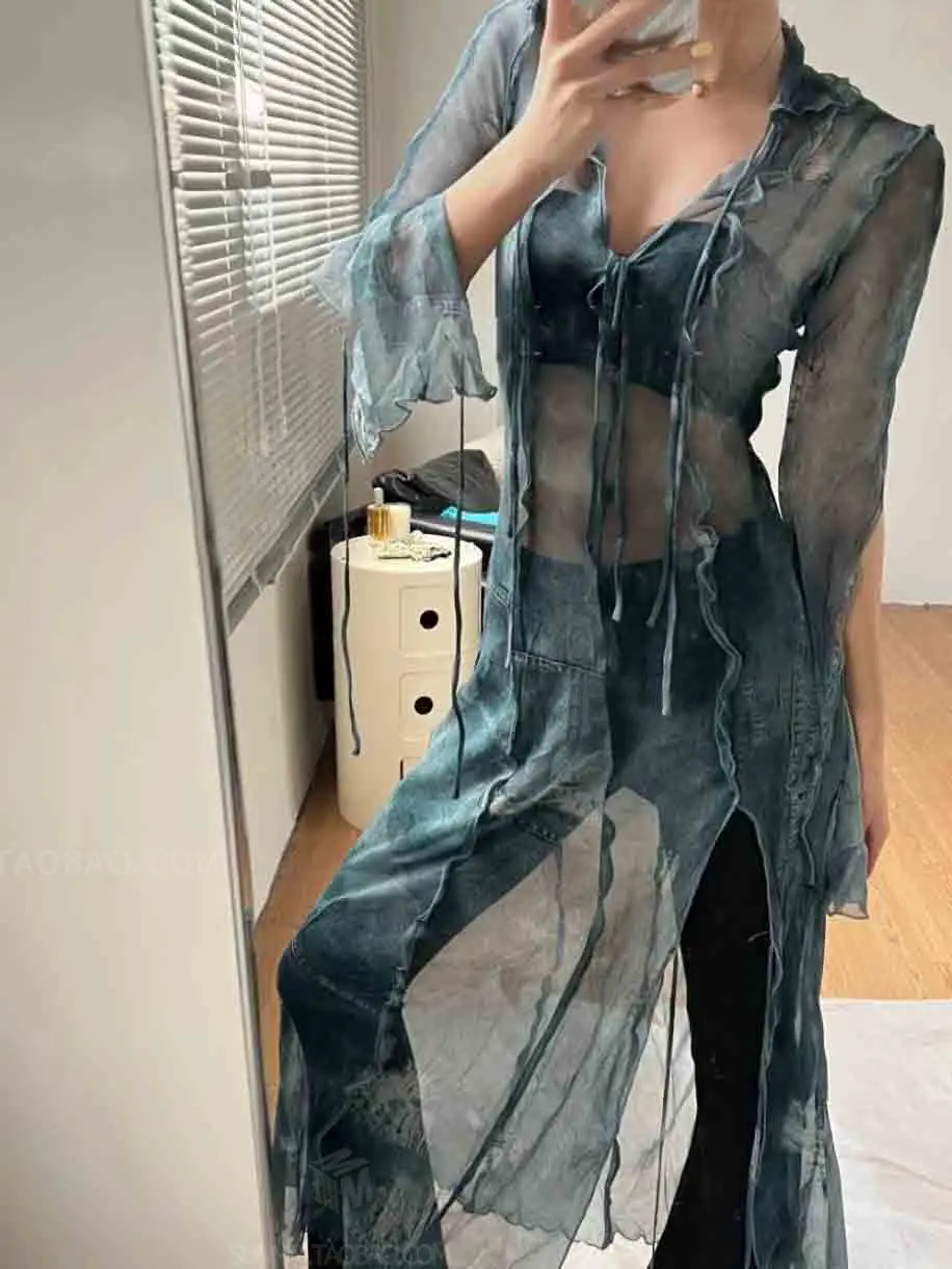 

Blue Strap Slit Dress with Women's Design Sense Hollowed out Long Sleeved Sun Protection Cover Shirt