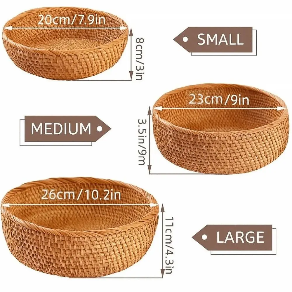 Plastic Round Rattan Storage Tray Handmade Decorative Wicker Storage Baskets with Wooden Handle Large Capacity
