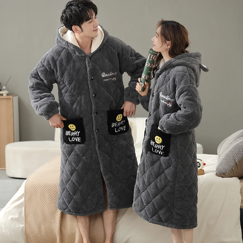 Couple Hooded Bathrobe Winter 3 Layer Clip Cotton Pajamas Set Loose M-3XL Women And Men Robe Homewear