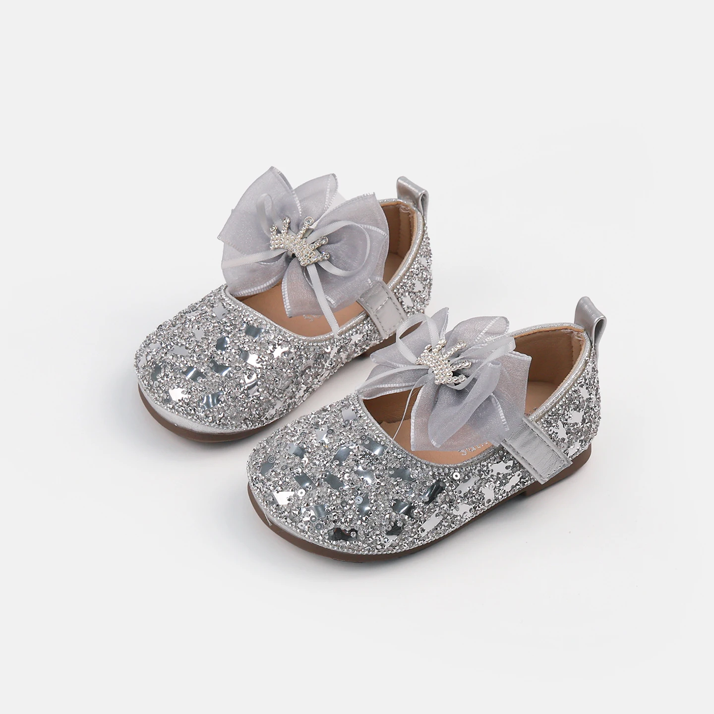Girls Mary Jane Sparkly Glitter Shoes, Tulle Bow Rhinestone Crown Decor Adjustable Strap Soft Flat Sole Princess Party