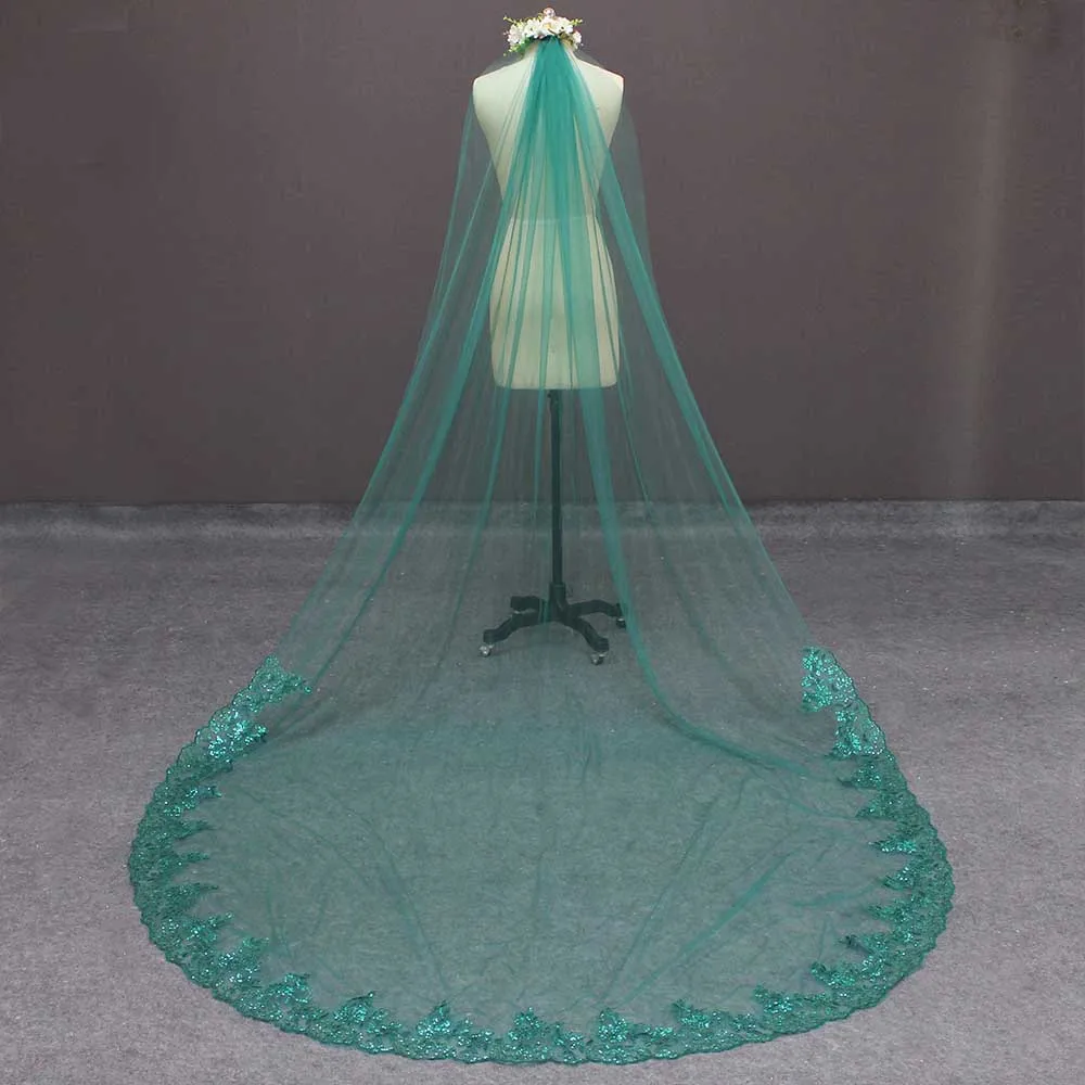 

Green Lace Wedding Veil with Sequins One Layer 3 M Long Bridal Veil with Comb Elegant Veil for Muslim Wedding Accessories