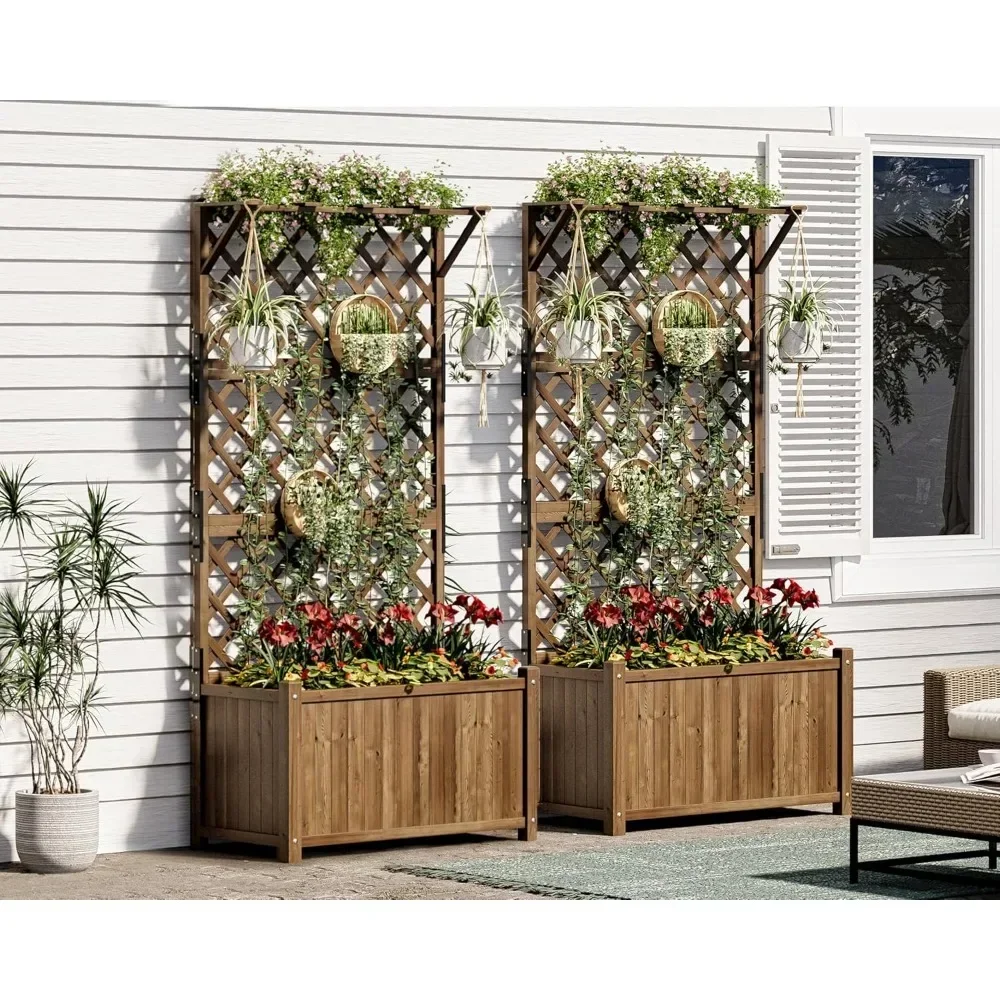 2 Piece Set 35.4x17.7x72 inch Raised Garden Bed with Trellis, Planter Box for Climbing Plants Vegetables