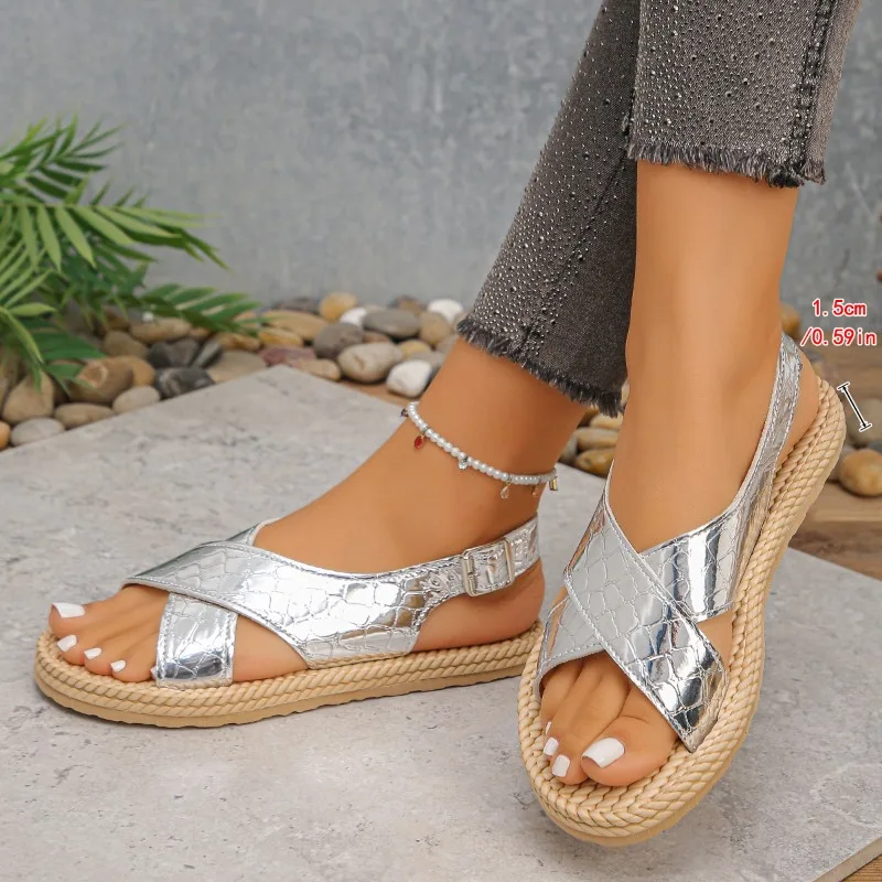 Summer Gold Snake Print Flat Sandals for Women - Casual Espadrille Slingback Shoes with 1.5cm Low Heel