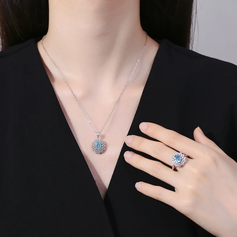 

Mylux Jewelry Luxury Solid Platinum PT950 Women's Diamond Ring Sea Blue Three-piece Pendant Necklace Ring Stud Earrings