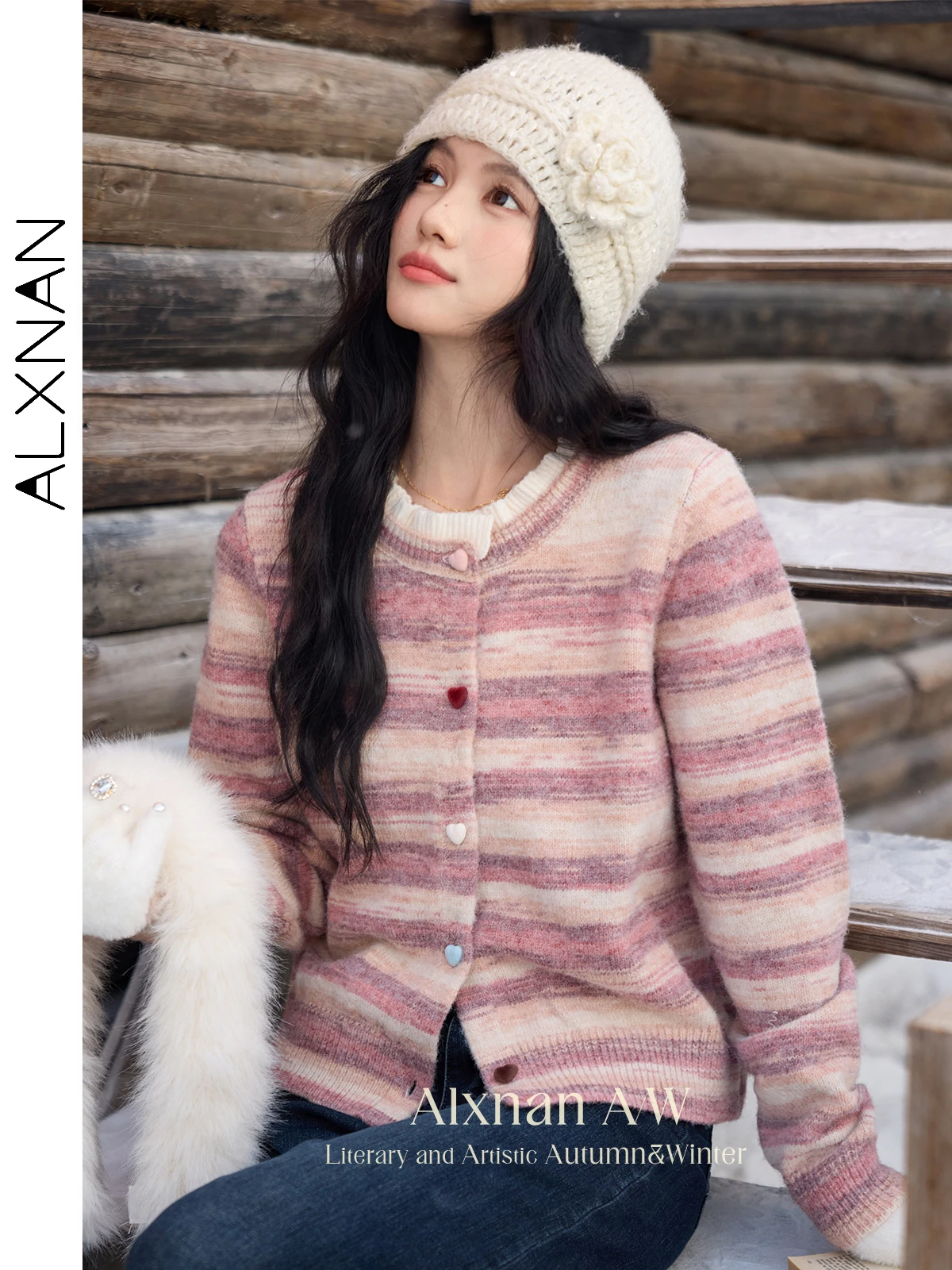 

ALXNAN Fake 2 Piece Striped Cardigans for Women Patchwork Ruffled O-neck Log Sleeve Heart Buttons Sweaters Winter Clothes L52371